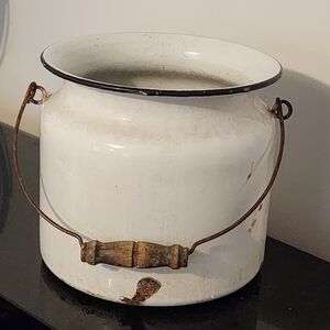 Vintage White Enamel Bucket with Handle "Piss Pot" With Lots Of Character